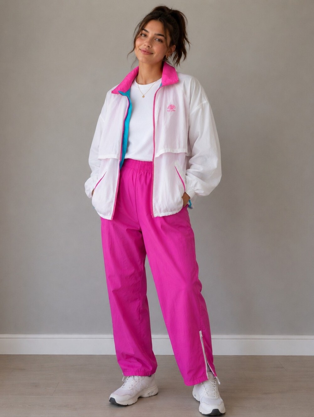 Vintage White and Bright Pink Nylon Tracksuit (Vintange Medium)